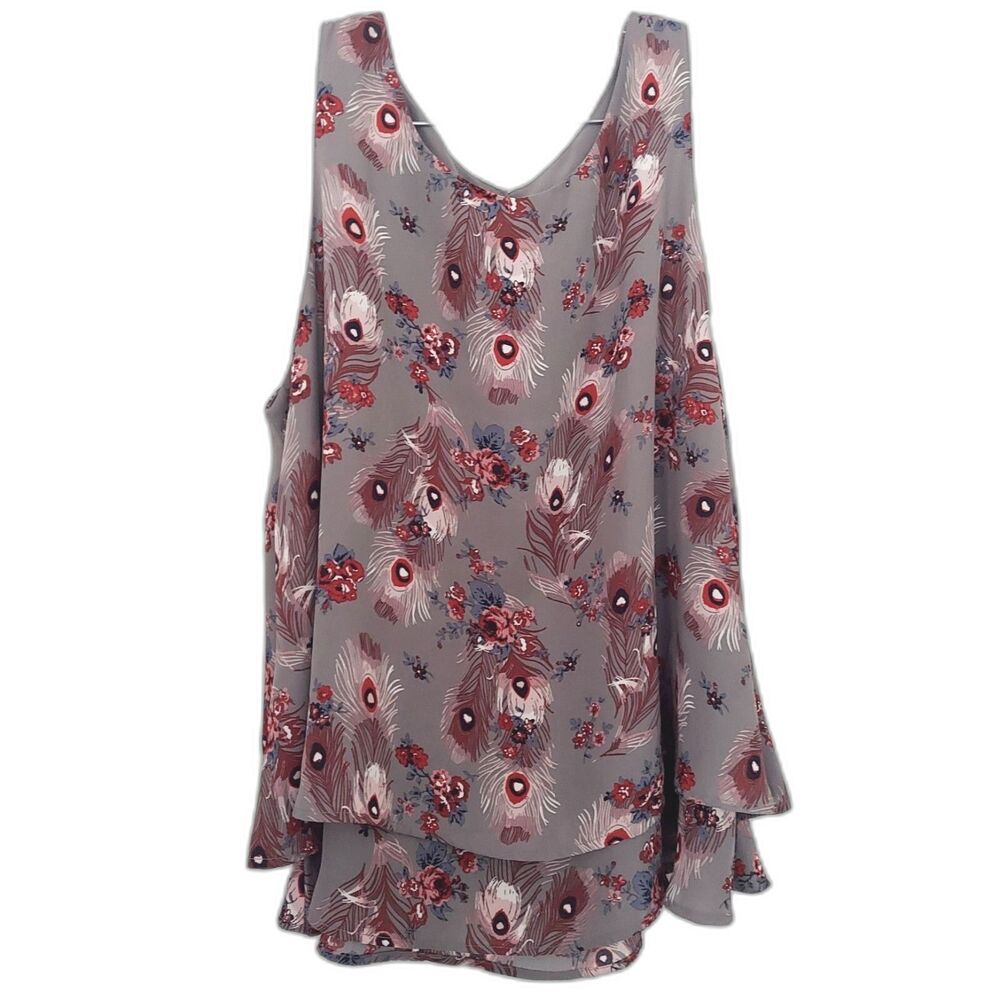 Loft Outlet Sleeveless Blouse Layered Peacock Flowy Gray Red Large